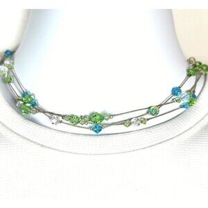 Crystal Beads Choker Necklace Layered Green Blue Clear 14 inch Minimalist Retro